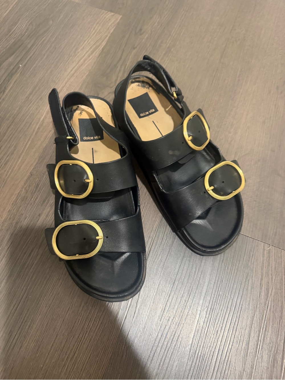 Dolce Vita Black Leather Sandals with Gold Buckles